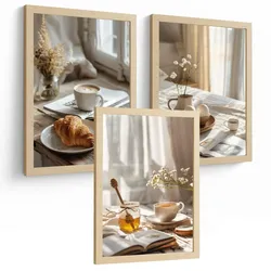 POSTER 3er Set Kaffee und Frühstück Wandbilder Croissant Honig und Tee Gemütlich Nordisch Küche Deko Leichter Holzrahmen A3