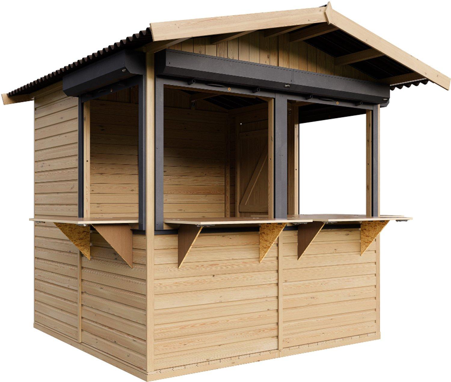 TIMBELA M149BZ Verkaufsstand aus Holz mit Rollläden 4 m², zerlegbarer Holzverkaufsstand mit 4 abschließbaren Rollläden für Märkte und Verkauf