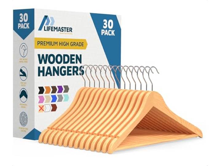 Lifemaster Robuste, langlebige Kleiderbügel aus massivem Ahornholz, 30 Stück, Naturholz-Kleiderbügel mit drehbaren Drehhaken und integrierten Kerben, um Jacken, Hemden und Hosen zu organisieren