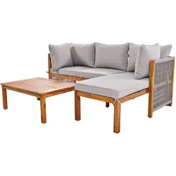 OKWISH Garten-Loungeset aus Akazienholz grau, 3-teilig mit 2 Zweisitzer-Sofas und Tisch, handgeflochtene Seilarmlehnen, Kissen abziehbar