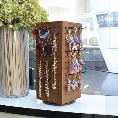 Neuxi Wooden Rotating Four-Sided Pegboard Jewelry Accessories Rack, Brown - S