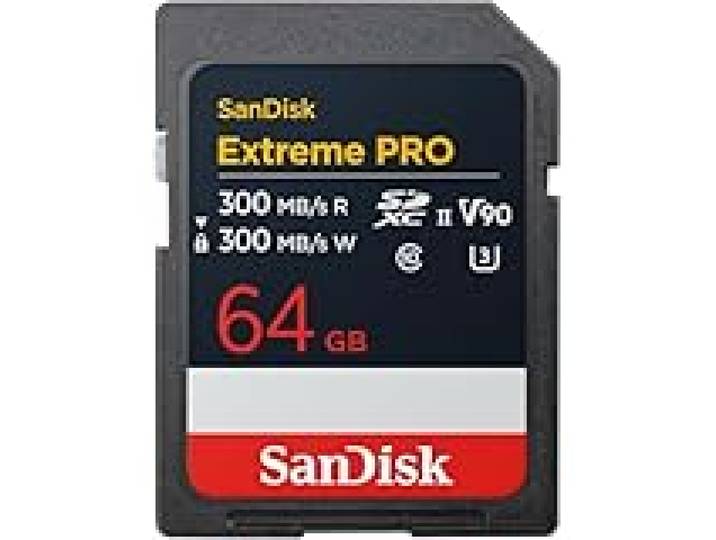 SANDISK Extreme Pro 64 Go Carte SDXC UHS-II Carte (jusqu'à 300 Mo/s en Lecture, 300 Mo/s en écriture, V90, Ses Performances de Niveau Professionnel Permettent Un Enregistrement vidéo en 8K)