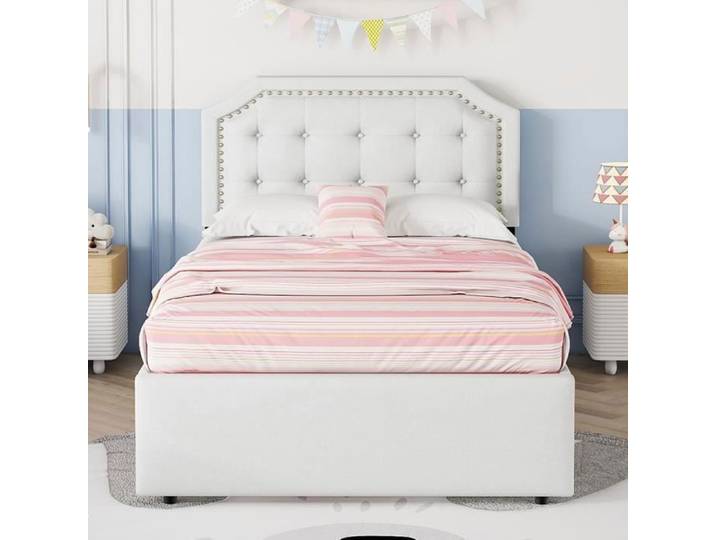 Lit adulte - PUGSDRLY - 90x200 - lin+MDF - 2 tiroirs - tête de lit rivetée beige