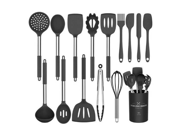 LuxusKollektion Kochbesteck-Set 15-teiliges Silikon Küchenutensilien-Set hitzebeständig Schwarz/Grau