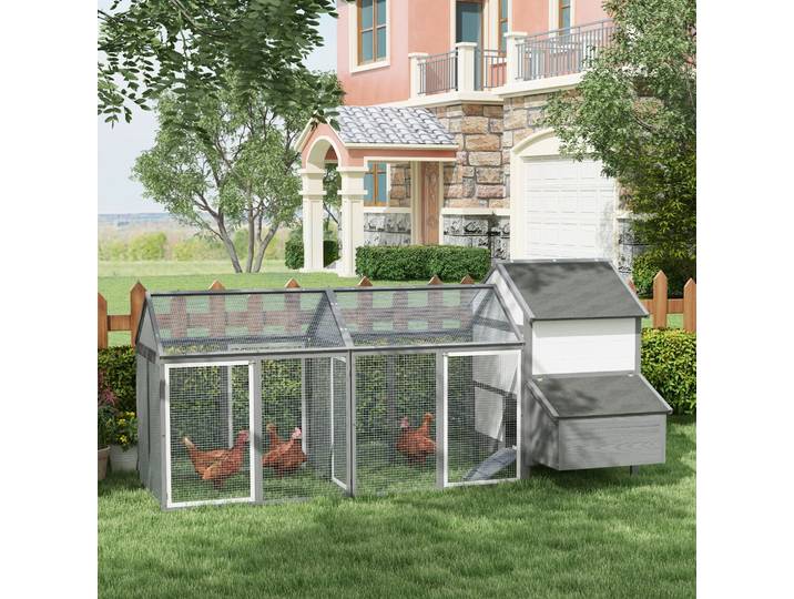 PawHut Poulailler Bois 2 Enclos Niche Gris 247cm