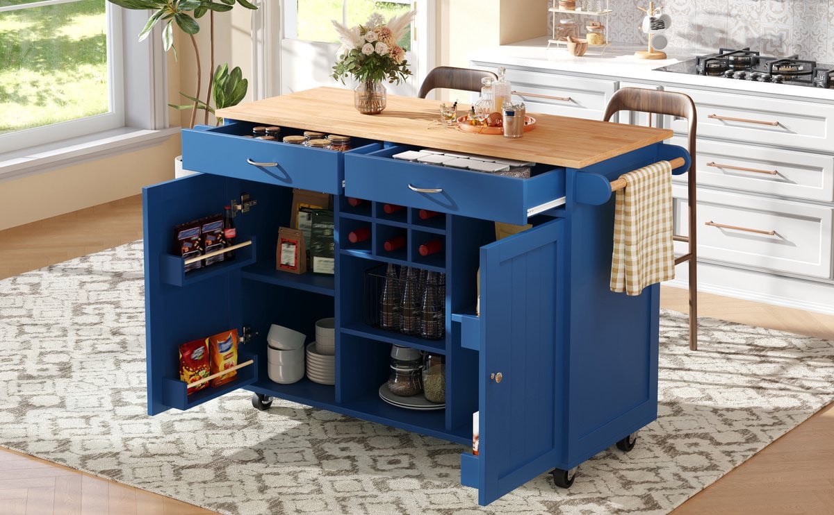 Verrijdbare Keukentrolley met Opbergruimte, Wijnrek en Verstelbare Planken - Blauw