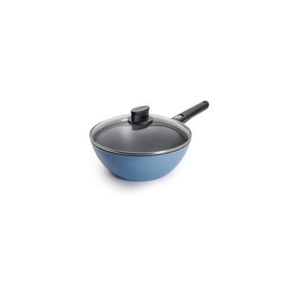 Wok WOLL "MADE IN GERMANY - Ecolour Ø 24 cm inkl. Deckel", blau (himmelblau), B:24cm H:11cm L:24cm Ø:24cm, Pfannen, Wok, abnehmbarer Stiel