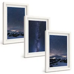 BILDER SET 3er Set - 20x30 cm Weißer Rahmen - Nachthimmel, Berge, Sterne