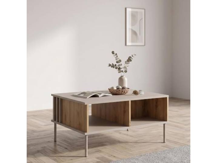 Wohnzimmer Couchtisch mit 87 cm Breite, in Eiche mit Beige, 3 offene Fächer
