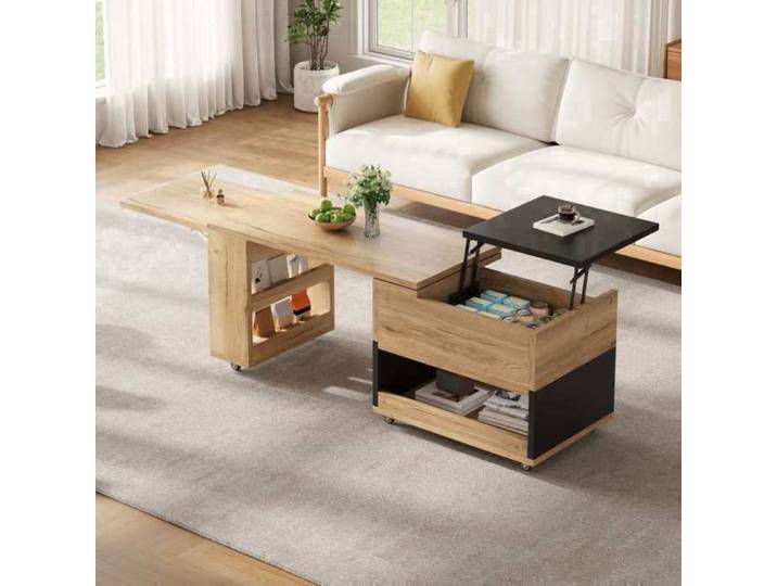 Table Basse Extensible Multifonctionnelle Plateau Relevable Pivotante 360° avec Rangement pour Salon et Bureau