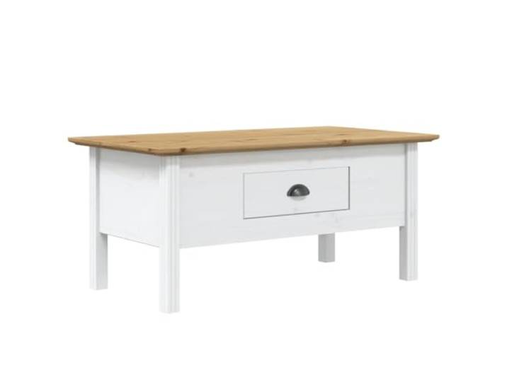 LASWWQMRF Couchtisch Massivholz Kiefer 100x55x46 cm Weiß Braun BODO Französischer Landhausstil für dein Wohnzimmer: Eleganter Kaffeetisch mit praktischer Schublade und Metallgriff.