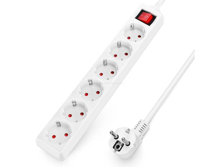 Multiprise avec cordon/6 prises allemandes/3G 1,5 mm²/1,5 m/Avec interrupteur/Rectangulaire/Blanc/PP