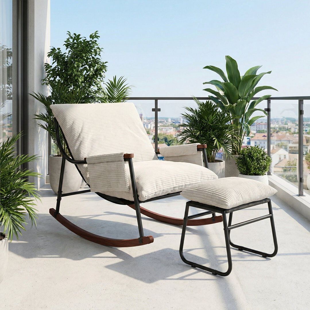 Brayden Studio Wooden Armrest Rocking Chair With Footstool, Striped Fabric Beige 80cm H X 112cm W X 73cm D