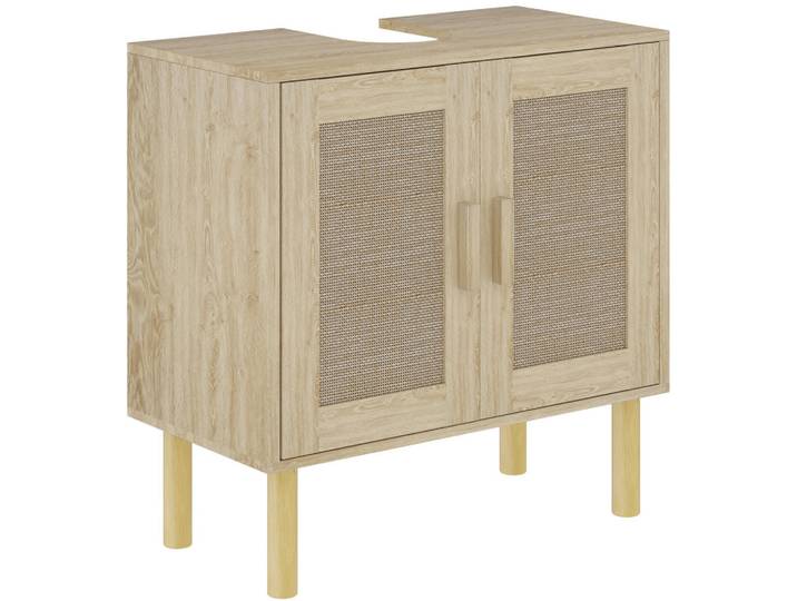 ComfortXL Waschbeckenunterschrank De-15898 U-Aussparung, 2 Ebenen mit Rattantüren Eiche, Eichefarben, 60x60x30 cm, Badezimmer, Badmöbel, Waschbeckenunterschränke