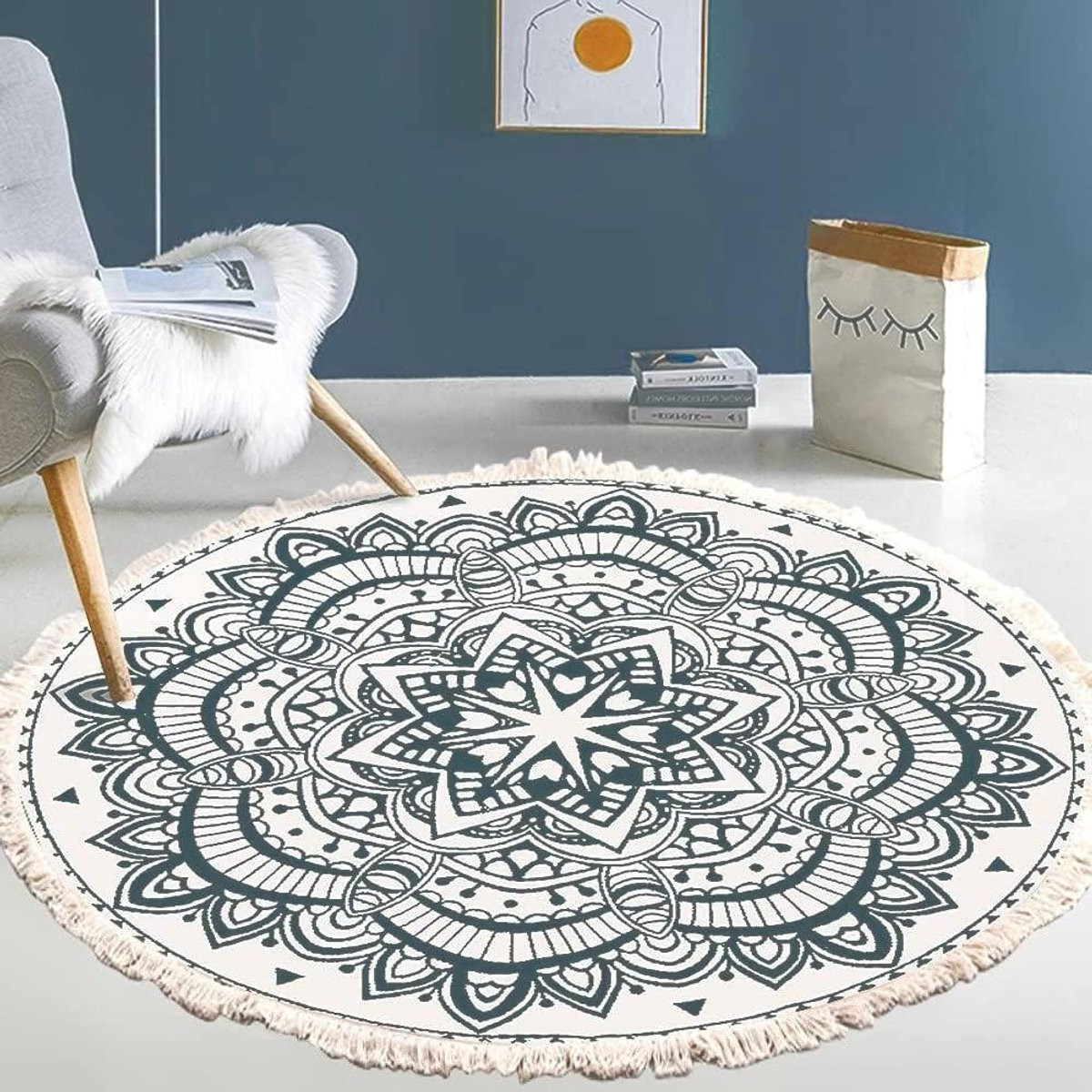 Handgeweven rond vloerkleed met bloemenmotief in bohemian stijl - Diameter: 90 cm