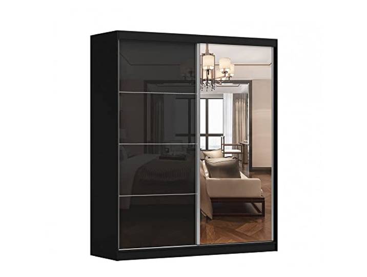 Kleiderschrank M31 mit Spiegel 183 cm, Schwebetürenschrank, Garderobeschrank Schlafzimmer; Wohnzimmerschrank; Korpus Schrank Farbe: Schwarz; Farbe der Schrankfront: Schwarz Hochglanz- 2 Schiebetüren