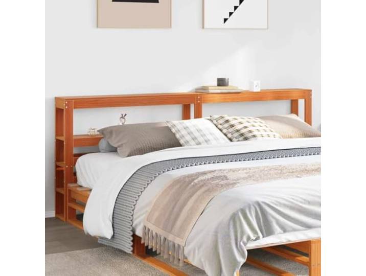Bett Kopfteil mit Ablagefächern, Kiefer massiv, wachsbraun, 200 cm, freistehend mit zwei Ablagefächern