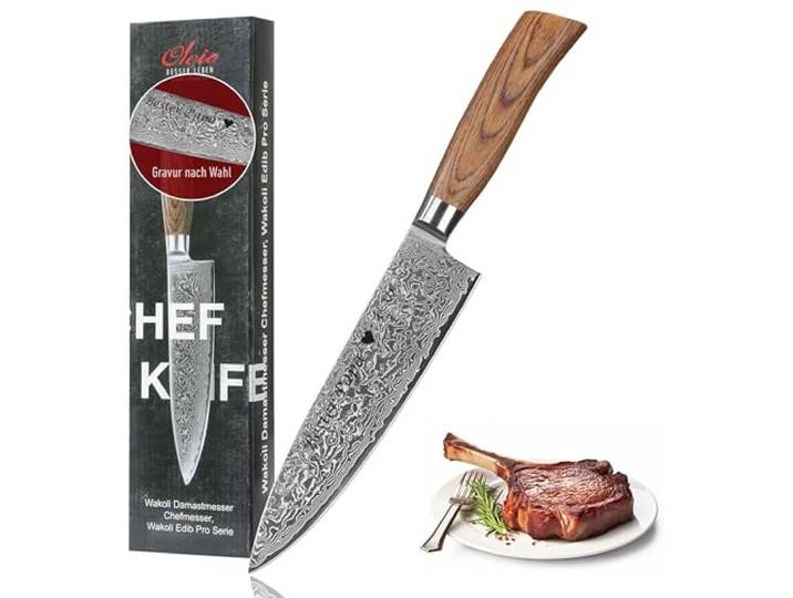 Wakoli EDIB Pro Damast Chefmesser mit Gravur – Personalisiertes Messer, 20 cm Klinge aus 67 Lagen Damaststahl (VG10-Kern), ergonomischer Pakkaholzgriff – Profi Kochmesser in Geschenkbox