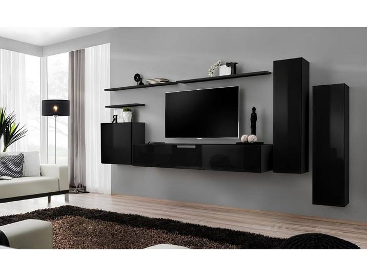 Xlmoebel Wohnwand 7tlg. Schwarzes Designer Set für Wohnzimmer mit TV Ständer, Made in Europa
