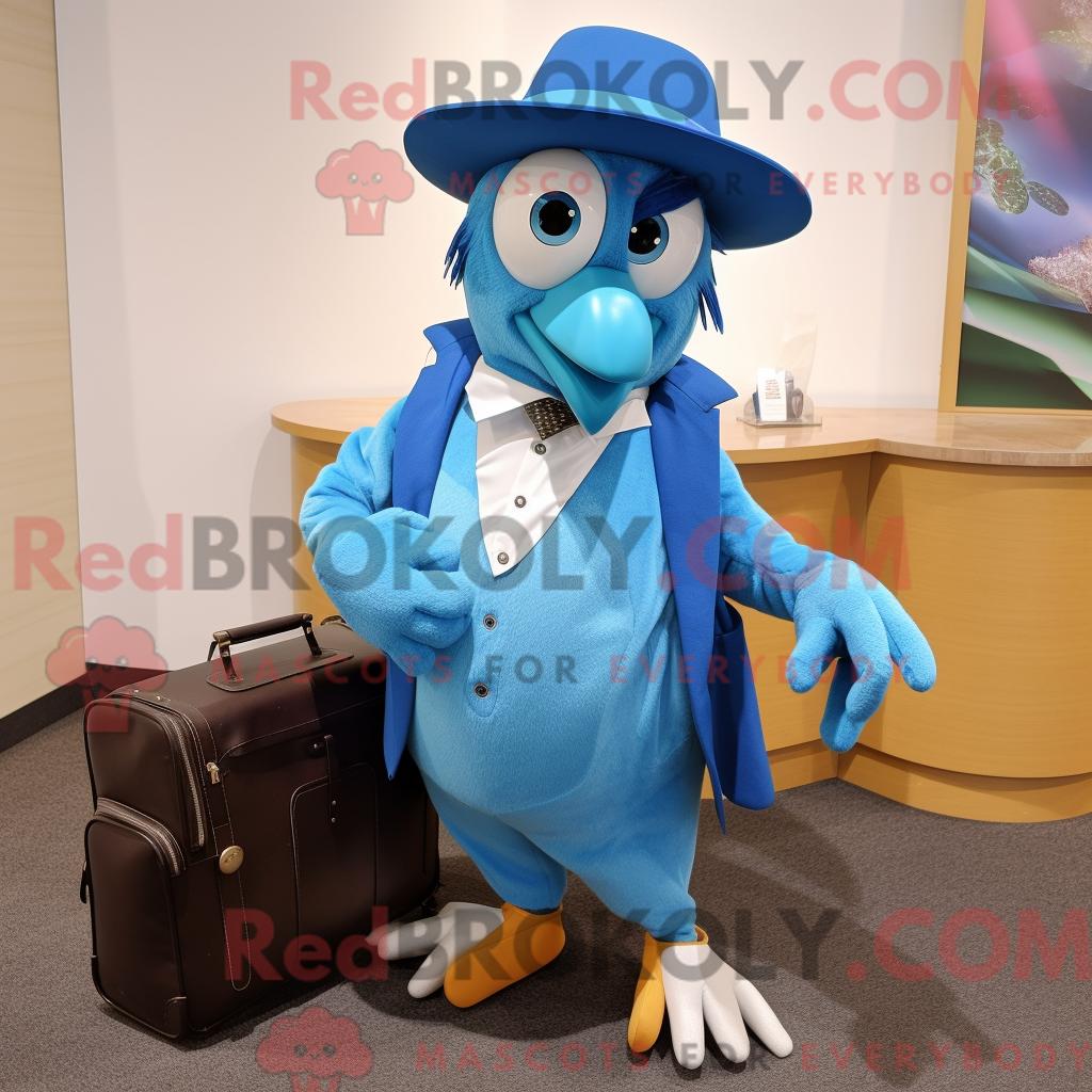 Maskottchenfigur REDBROKOLY eines blaugrünen Eichelhähers mit Culotte und Aktentasche