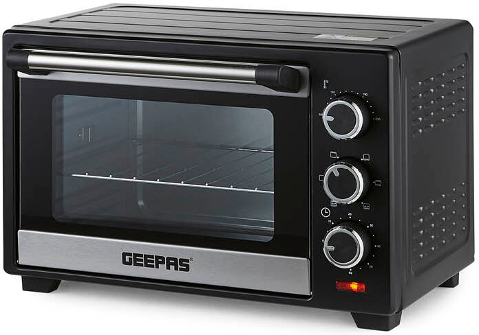 GEEPAS Mini Oven & Grill Rotisserie Baking Roasting & Grilling 1600W Temp Control 100–230°C Double Glass Door 60min Timer Auto Shut Off Bell Black 19L