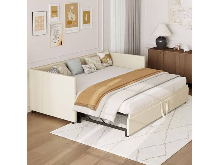 Schlafsofa 90/180x200cm, Polsterbett Tagesbett mit Ausziehbares Rollbett, Einzelbett/Doppelbett mit Lattenrosten, Multifunktionsbett Samtstoff Bett Bettgestell Gästebett, Ohne Matratze (Beige)
