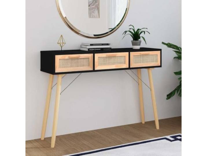 GPWERSDF Konsolentisch Schwarz 105x30x75 cm Massivholz Natur-Rattan 3 Schubladen, Kiefernholzbeine, Stabile Tischplatte, Montageanleitung Inklusive