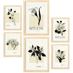 POSTER Set Mit 6 In Schwarzer Tinte Tropische Orchideen A3 & A4 Rahmen Aus Hellem Holz