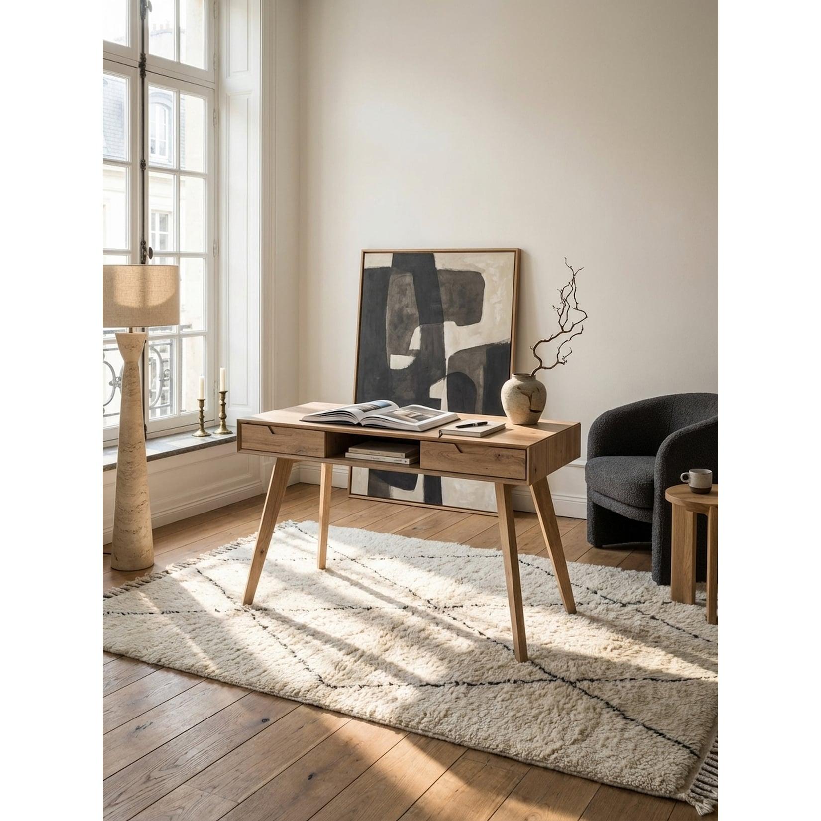 Schreibtisch – Eiche-Dekor, 120x55x77 cm, Stauraum, Skandinavischer Stil, Massivholzbeine