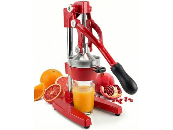 Eurolux Zitruspresse aus Gusseisen Handpresse in handelsüblicher Qualität Thekenpresse für frischen Fruchtsaft (Bonus Edelstahl-Tasse) (rot)