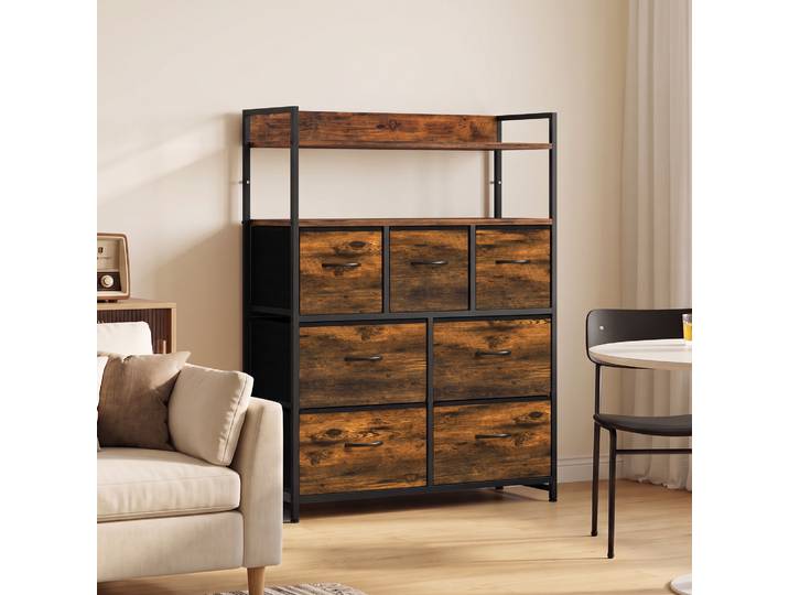 HOMCOM Commode 7 Tiroirs Tissu Brun Rustique Étagères Ouvertes