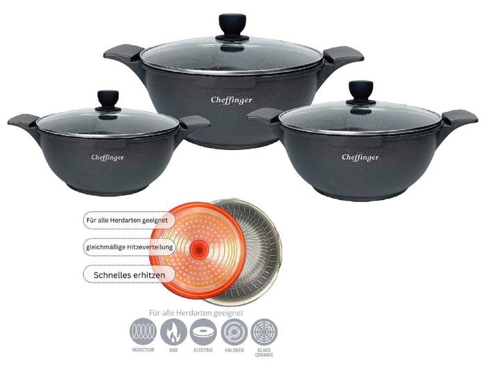 Cheffinger Topf-Set Kochtopf Kasserolle Topf Set 6-tlg mit Glasdeckel Cheffinger schwarz, Material: Aluminium, Stahl, Glas