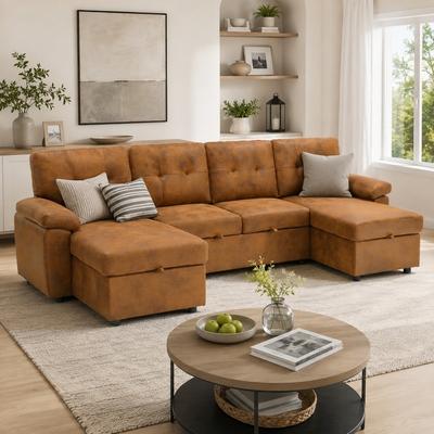 Fundinbaths "112"" Convertible U-Shaped Sectional Sleeper Sofa with Pull-Out Bed and Dual Storage Chaises"