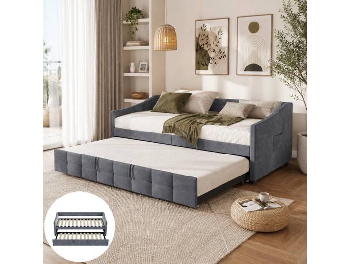 Lit Gigogne Extensible - Canapé Lit Convertible 2 Places 2x90x200 cm - Velours Gris - Cadre de Lit 2 Places pour Salon
