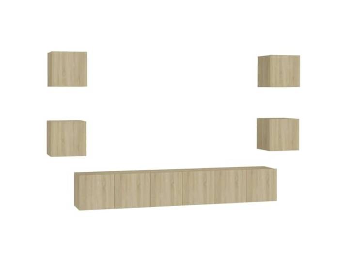hliofuir 7-tlg. TV-Schrank Set Wandmontage Hängend Sonoma-Eiche Flexible Wandelemente schaffen geordnete Ablageflächen im Wohnzimmer und Schlafzimmer für Multimediageräte und Medien.