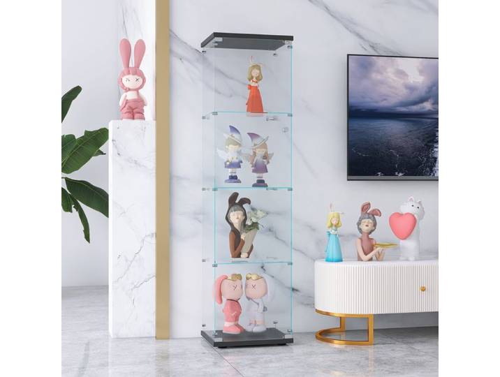 Vitrine en Verre - RWUDV - Moderne - 4 Étagères - Noir - Verre Trempé - 1 Porte
