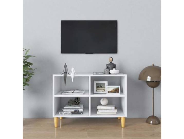 HEFZGDB TV-Schrank mit Massivholz-Beinen Weiß 69,5x30x50 cm Sideboard mit 4 Fächern und 4 Holzbeinen Stauraum für Multimedia-Geräte Skandi-Stil Möbel Wohnzimmer Aufbewahrung