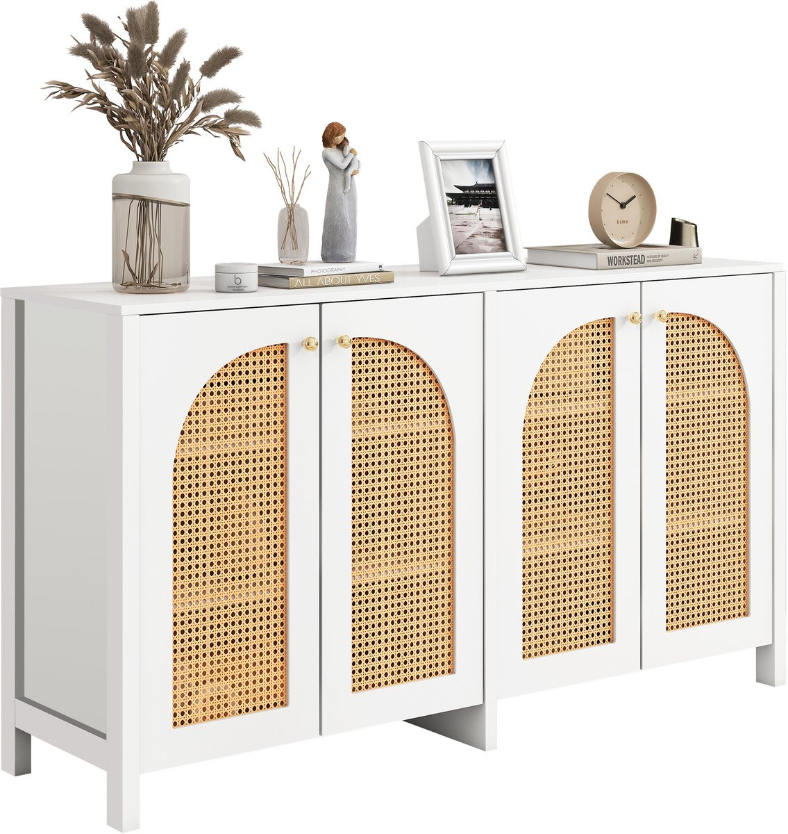 Meuble Cosy Sideboard Dressoir met 4 Rattan Deuren - Wit - Breedte: 145 cm