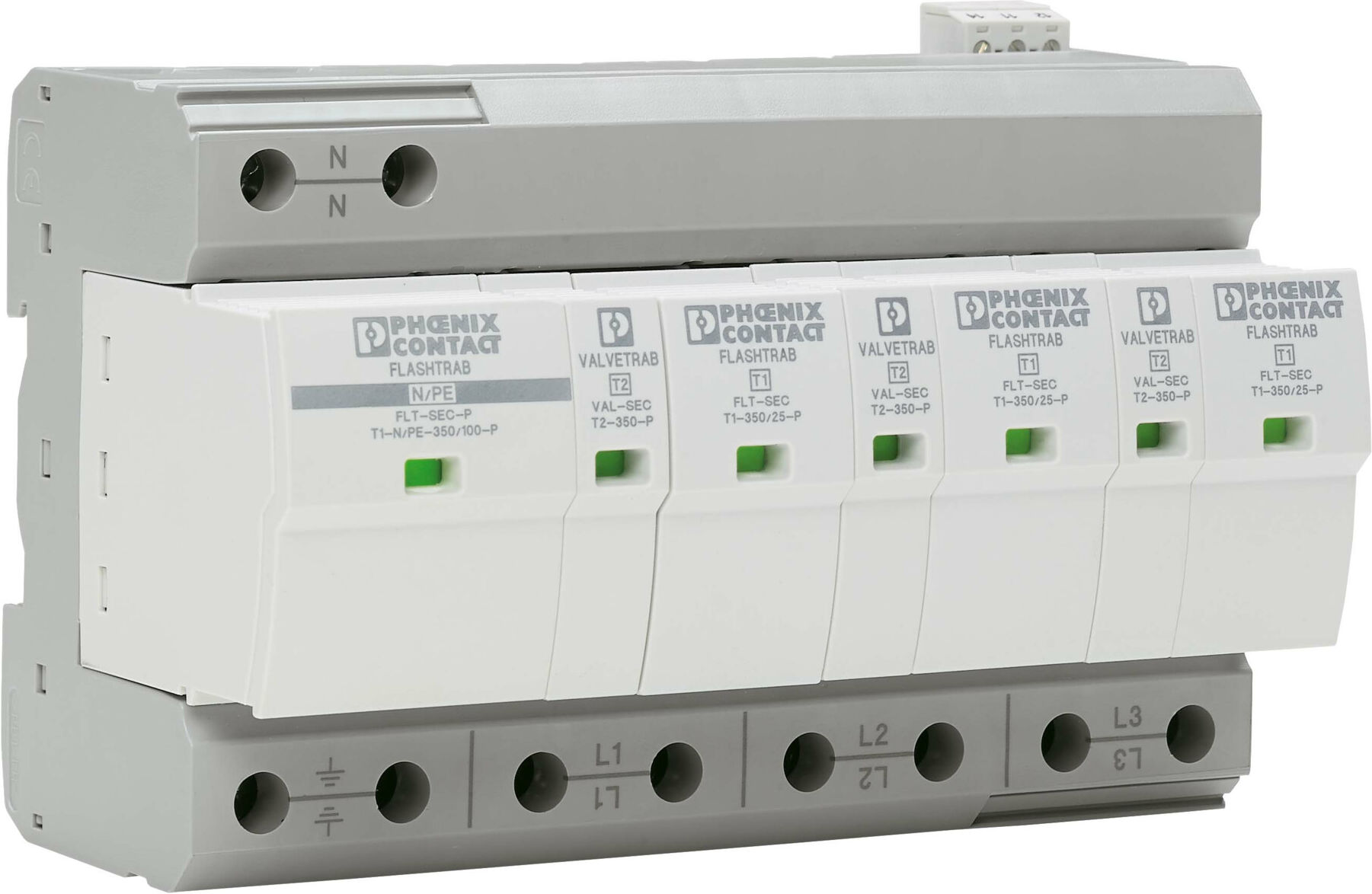 Phoenix Contact FLTSECT1T23S350/25FM Kombiableiter Typ 1+2 aus Kunststoff und Metall mit Funktionsanzeige und Vorsicherung (275 V Nennspannung), 2905470)