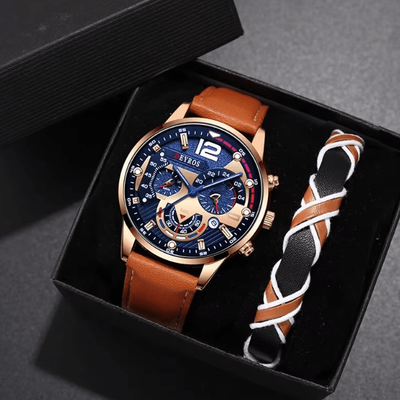 Inspire Curations Mens Quartz Watch And Bracelet Set Calendar Leather Strap Business Casual Wristwatch Gift Set Mens Quartz Watch And Bracelet Set Calendar Leather Strap Business Casual Wristwatch Gift Set
