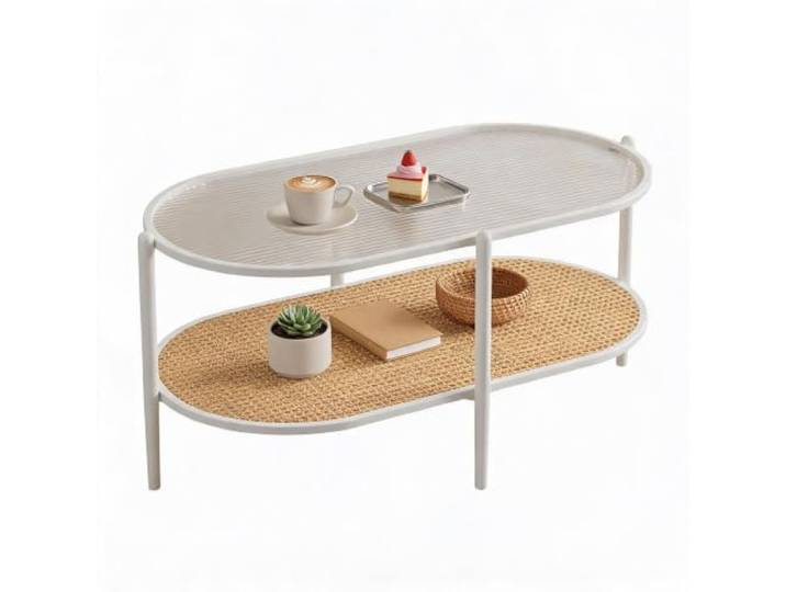 Litake Couchtisch Oval, Ovaler Rattan-Couchtisch Wellglasplatte & 2 Ablagen Rattan Couchtisch Oval, Wohnzimmertisch Holz mit Glasplatte & Rattan Ablage mit Stabiles Metallgestell, Boho Landhausstil