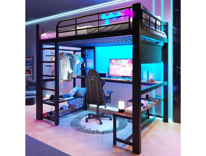 Lit mezzanine métal avec barre lumineuse LED 140×200cm avec étagères+bureau en bois barre de séchage du linge sans matelas noir