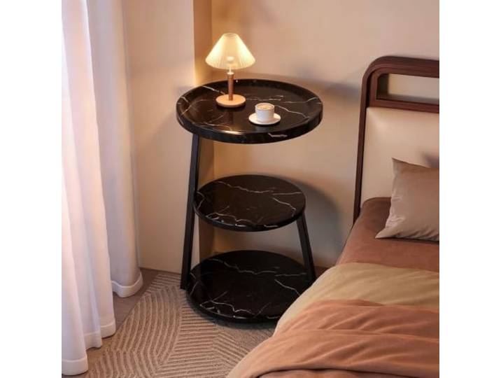 Runder Beistelltisch aus Massivholz mit 3 Ebenen und Offenen Ablagen Petite table basse compacte avec trois niveaux de rangement ouvert pour salon, chambre, canapé, lit et petits espaces