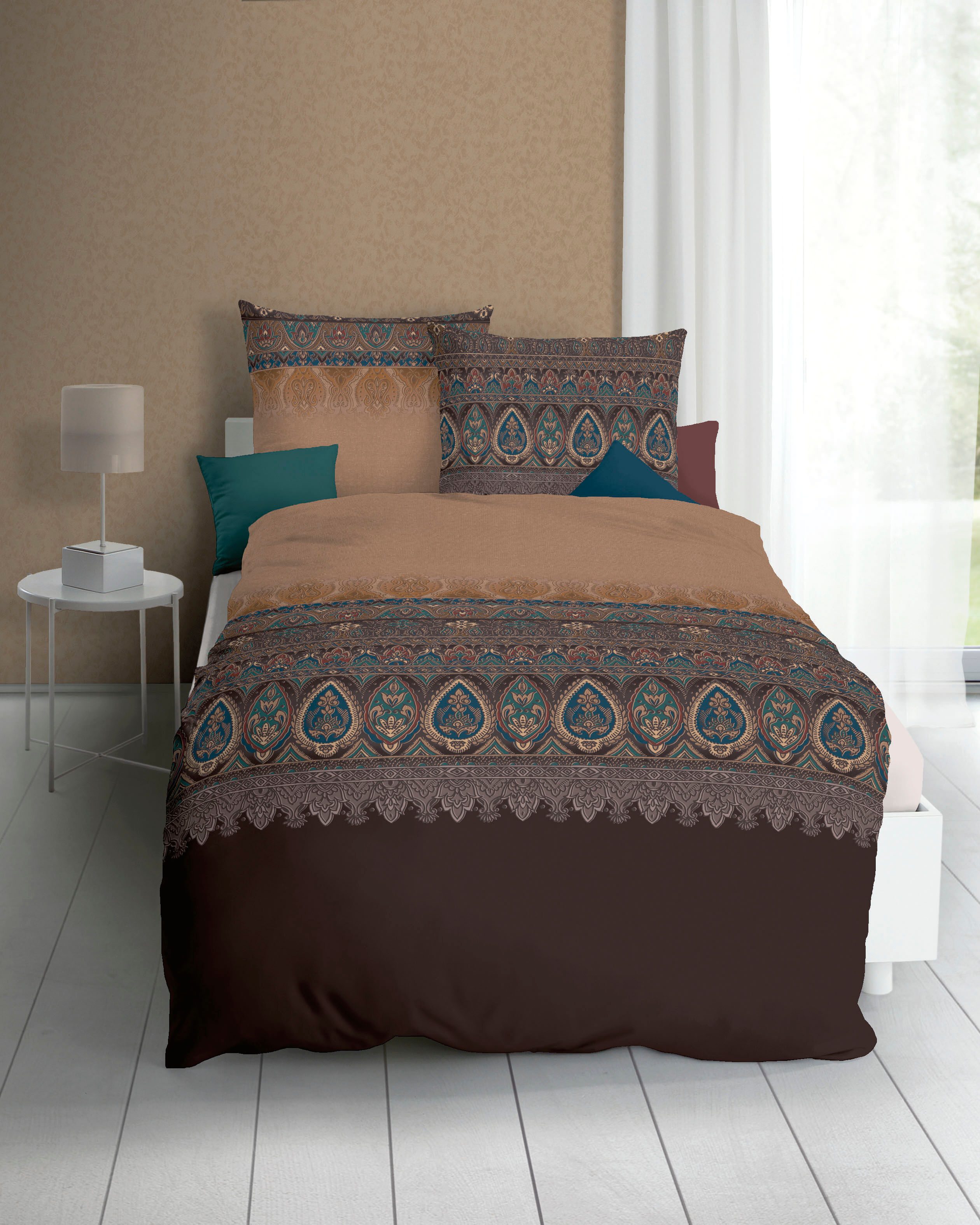 Bettwäsche KAEPPEL "Opulence", braun, B/L: 155cm x 220cm, 1 Stk., 1 Stk., Mako-Satin, B/L: 80cm x 80cm, 2 Stk., Mako-Satin, Obermaterial: 100% Baumwolle, Bettwäsche, Bettwäsche, Paisleymuster braun B/L: 155cm x 220cm, 1 Stk., 1 Stk., Mako-Satin, B/L: 80cm