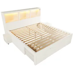 MODFU Bettgestell Holz Weiß 140x200 cm mit LED, USB-C, Stauraum, Schublade und 2 beweglichen Nachttischen