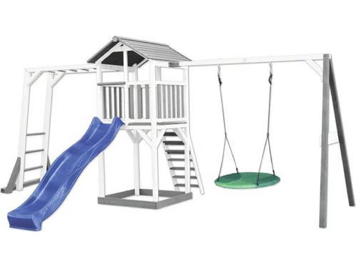AXI Beach Tower Spielturm aus Holz in Weiß & Grau Spielhaus für Kinder mit blauer Rutsche, Klettergerüst, Nestschaukel und Sandkasten Stelzenhaus