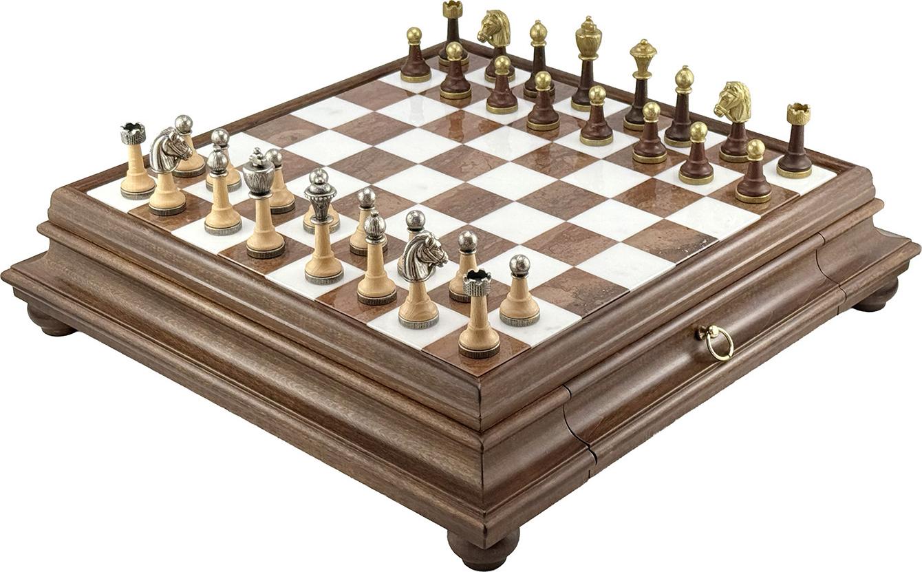 Italienische Schachfiguren Classic Metall/Wood + Schachbrett Marmor/Wood 46