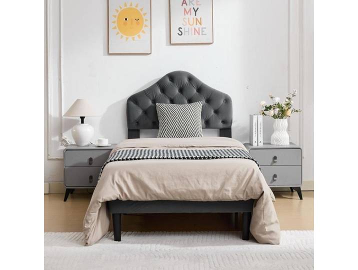 Lit enfant 90x200 - KOMHTOM - Modèle standard - Velours gris - Tête ajustable - Sommier à lattes