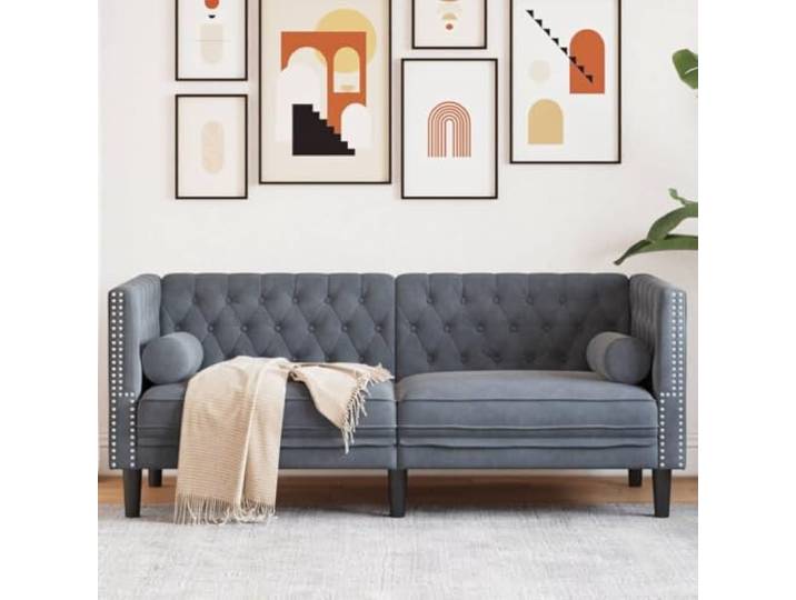 HEFZGDB Chesterfield-Sofa mit Nackenrollen 2-Sitzer Dunkelgrau Samt Bequem Polsterung Wohnzimmer Entspannung