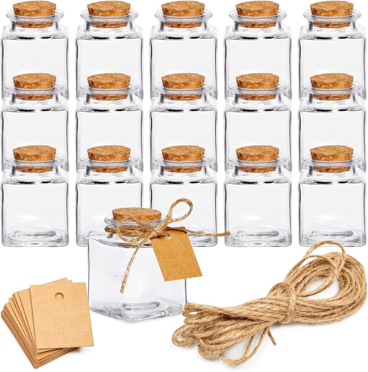Set van 15 transparante mini glazen potjes met kurk voor decoratieve opslag